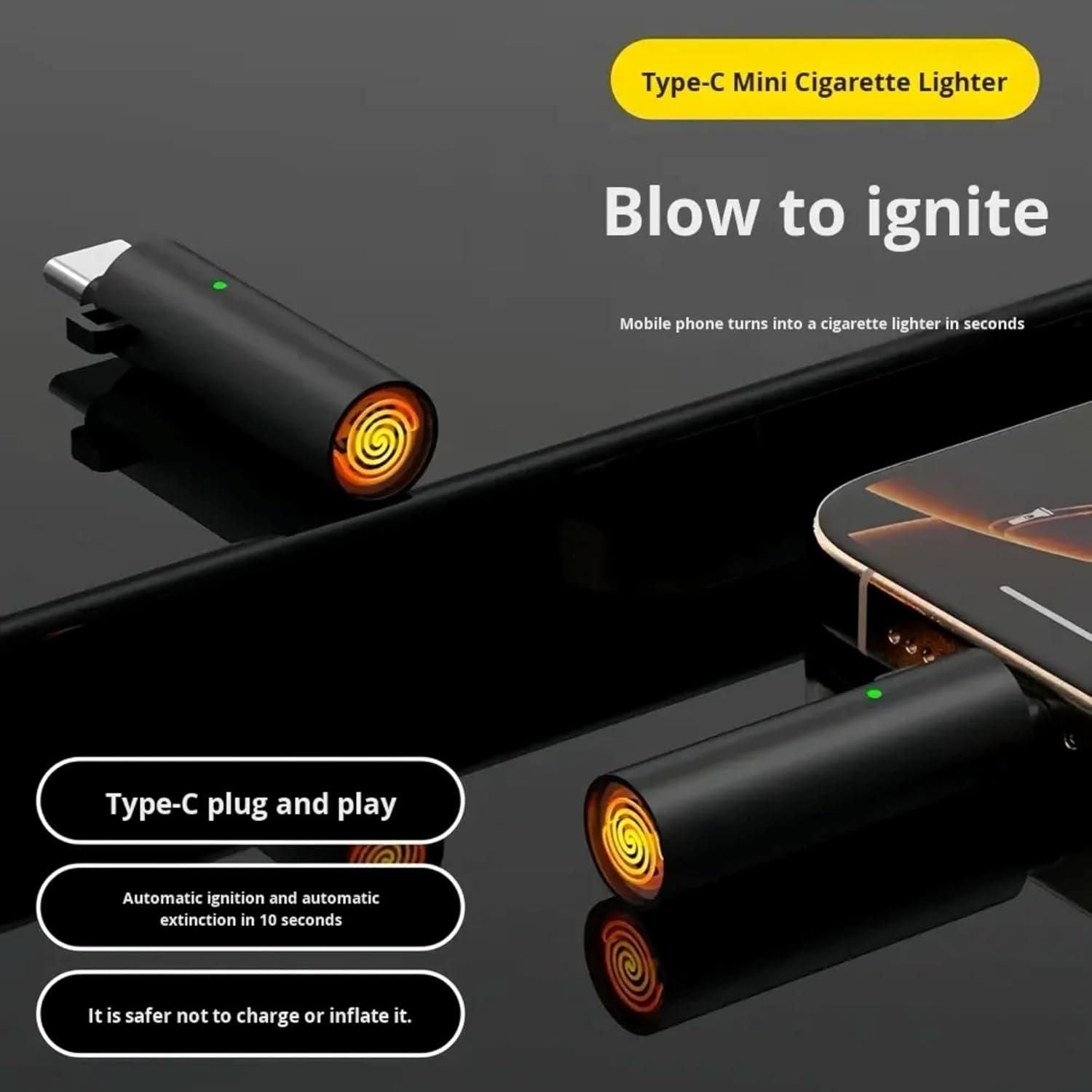 Rechargeable Type-C Electric Cigarette Lighter – Flameless Metal USB Lighter for Camping & Daily Use